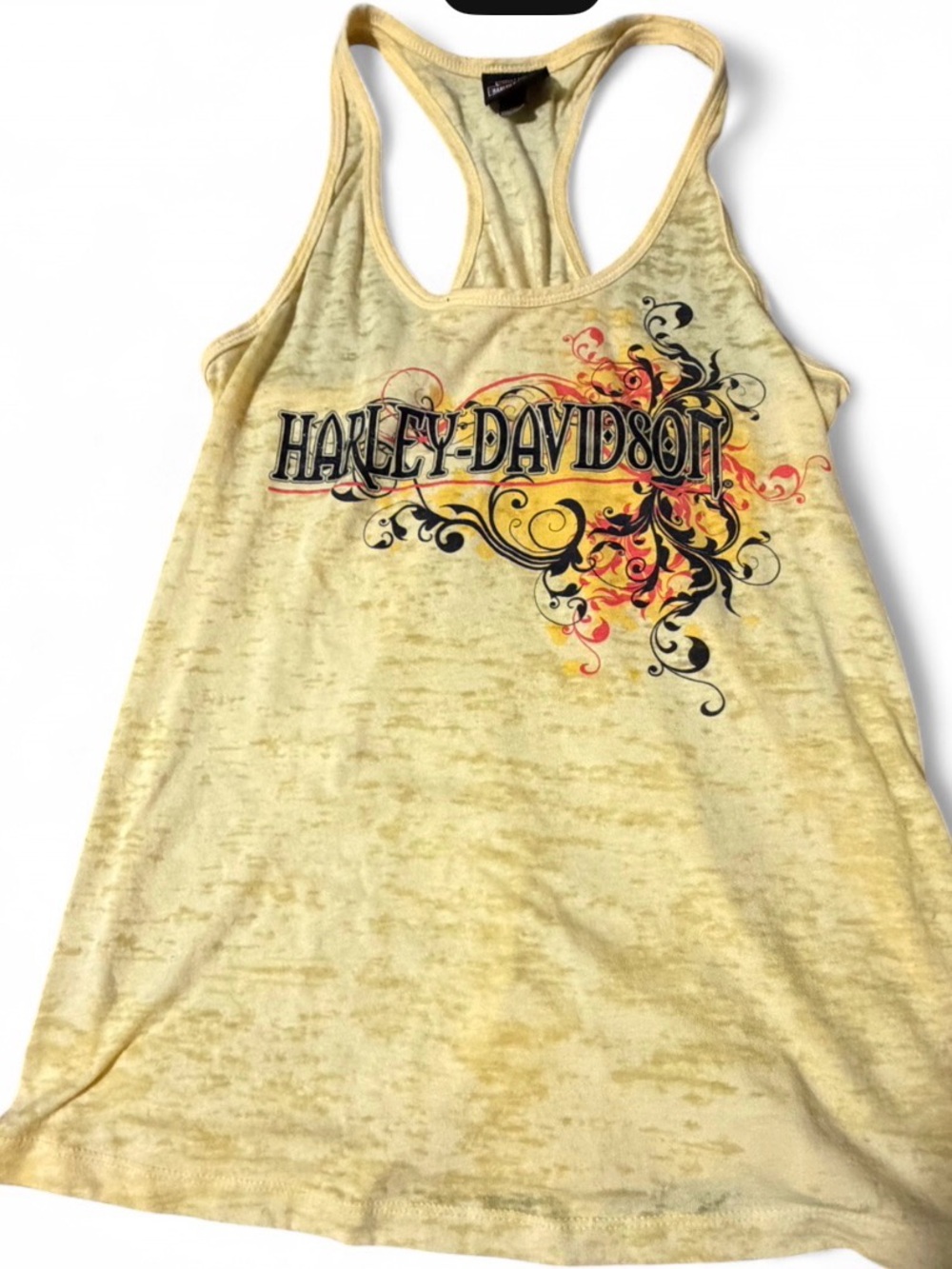Vintage Harley-Davidson Burnout Y2K Racerback Tank Top Yellow Filigree Graphic